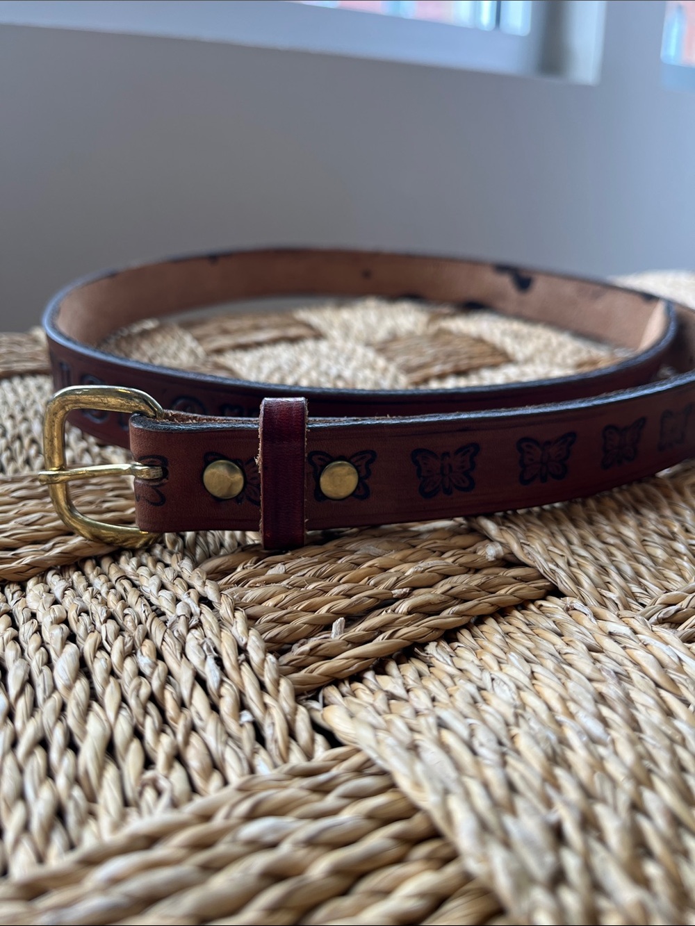 Unique Brown Leather Women’s Belt with Butterfly Tooling and Brass Buckle